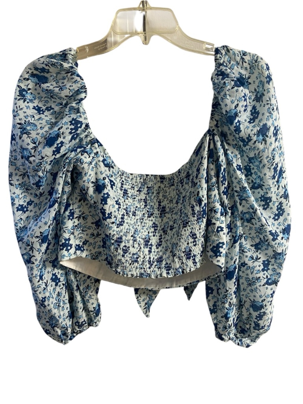 Bardot Rebolve cotton blouse blue floral y2K cropped puff sleeves XL - Picture 4 of 10